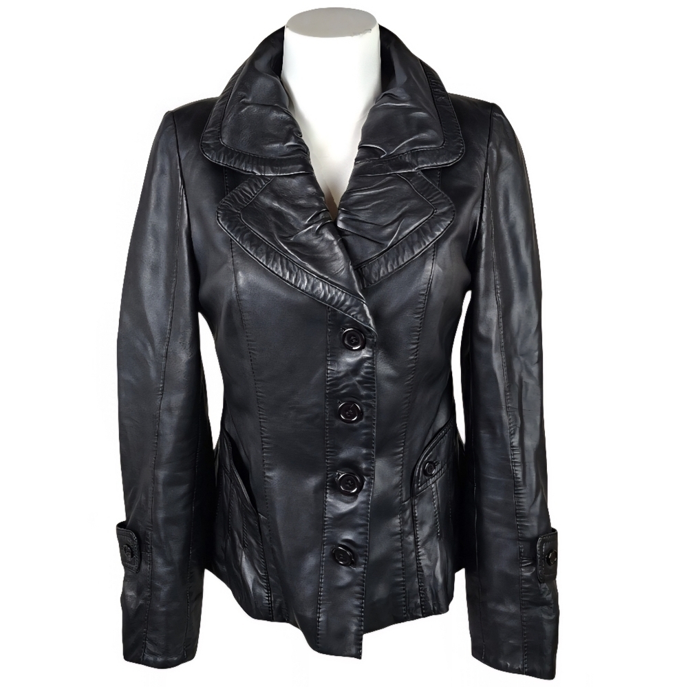 Boutique of Leathers Lamb Fitted Leather BlazerJacket Black Size 8 Preppy Moto